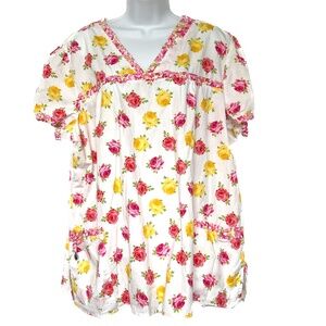 Laura Ashley Top Cotton Floral  Pink Yellow Roses Size XXL Short Sleeves Pockets